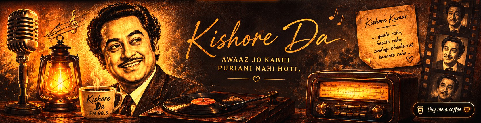 Kishore Kumar illustrated beside a lantern, mic and turntable in warm daylight
