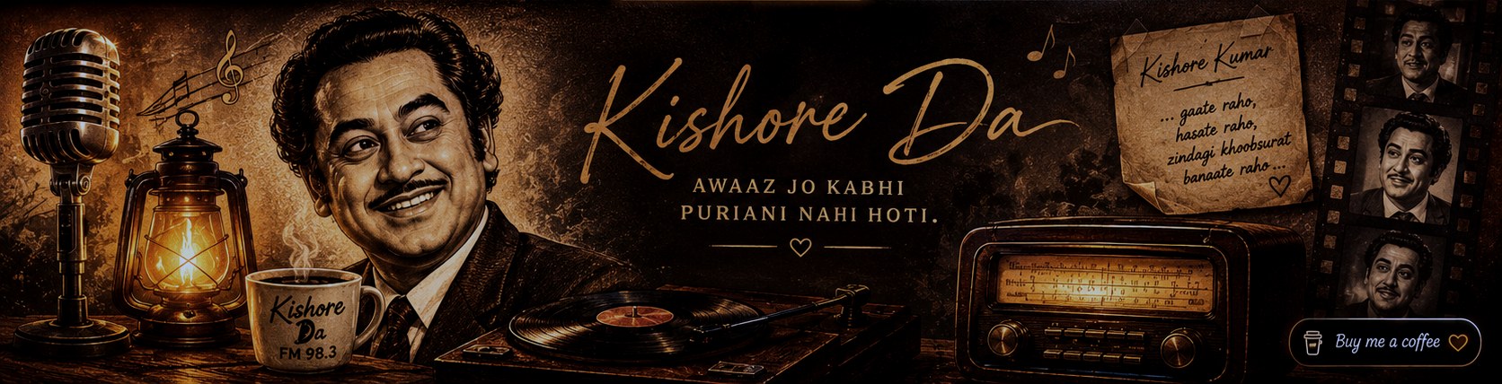 Kishore Kumar illustrated beside a lantern, mic and turntable by lamplight at night